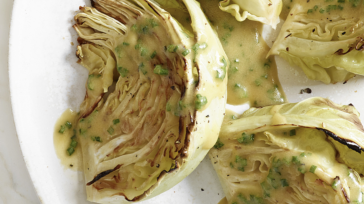 Roasted cabbage with chive-mustard vinaigrette