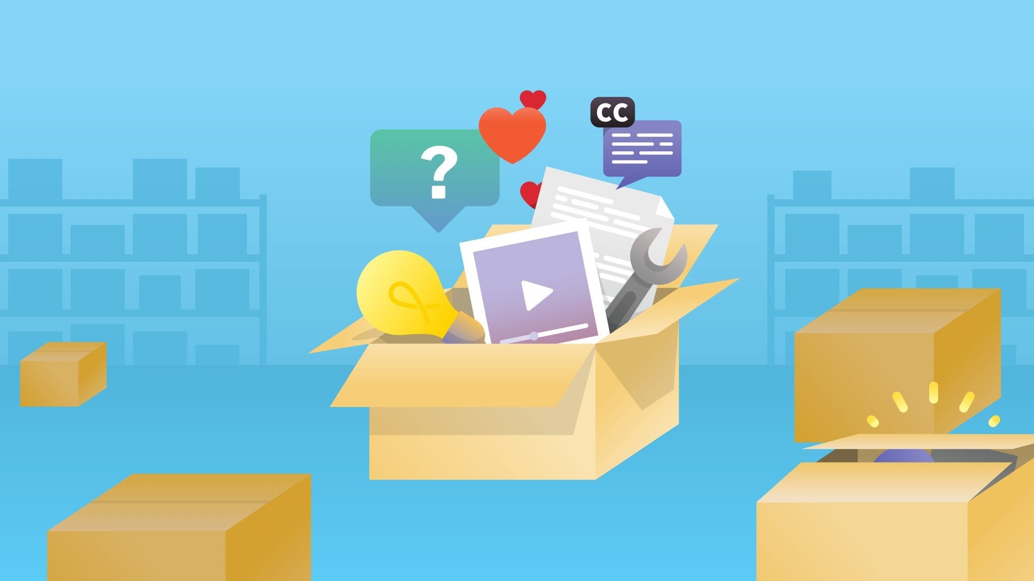 Image of various things stuffed in a cardboard box, including a lightbulb, a heart, a wrench, a transcript and more