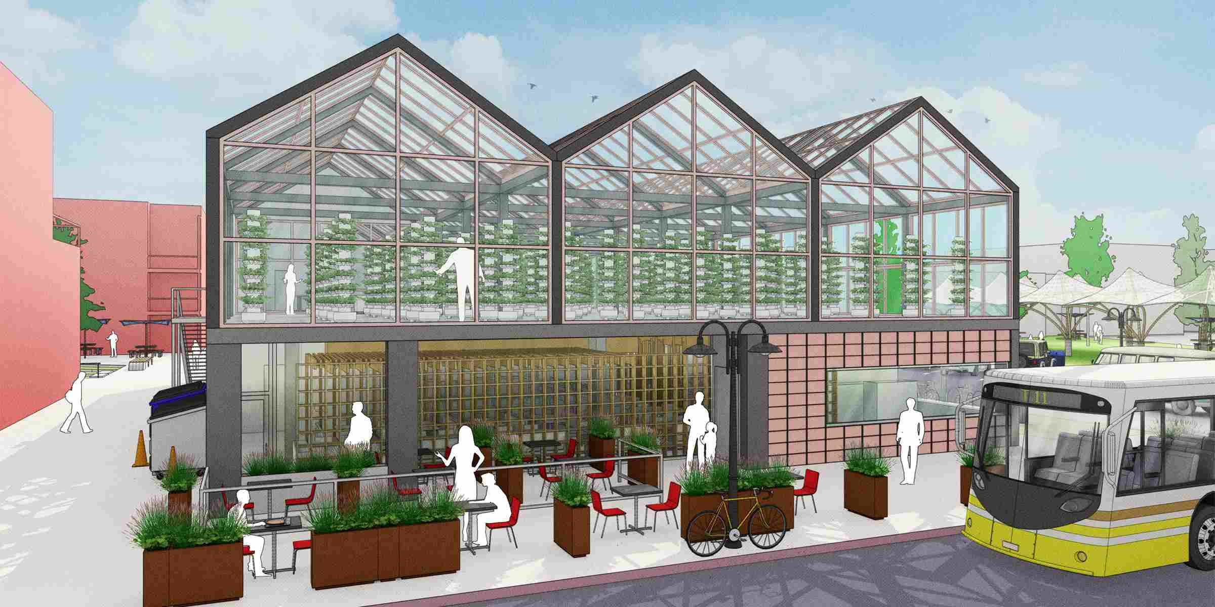 SketchUp Rendering of an urban greenhouse and restaurant