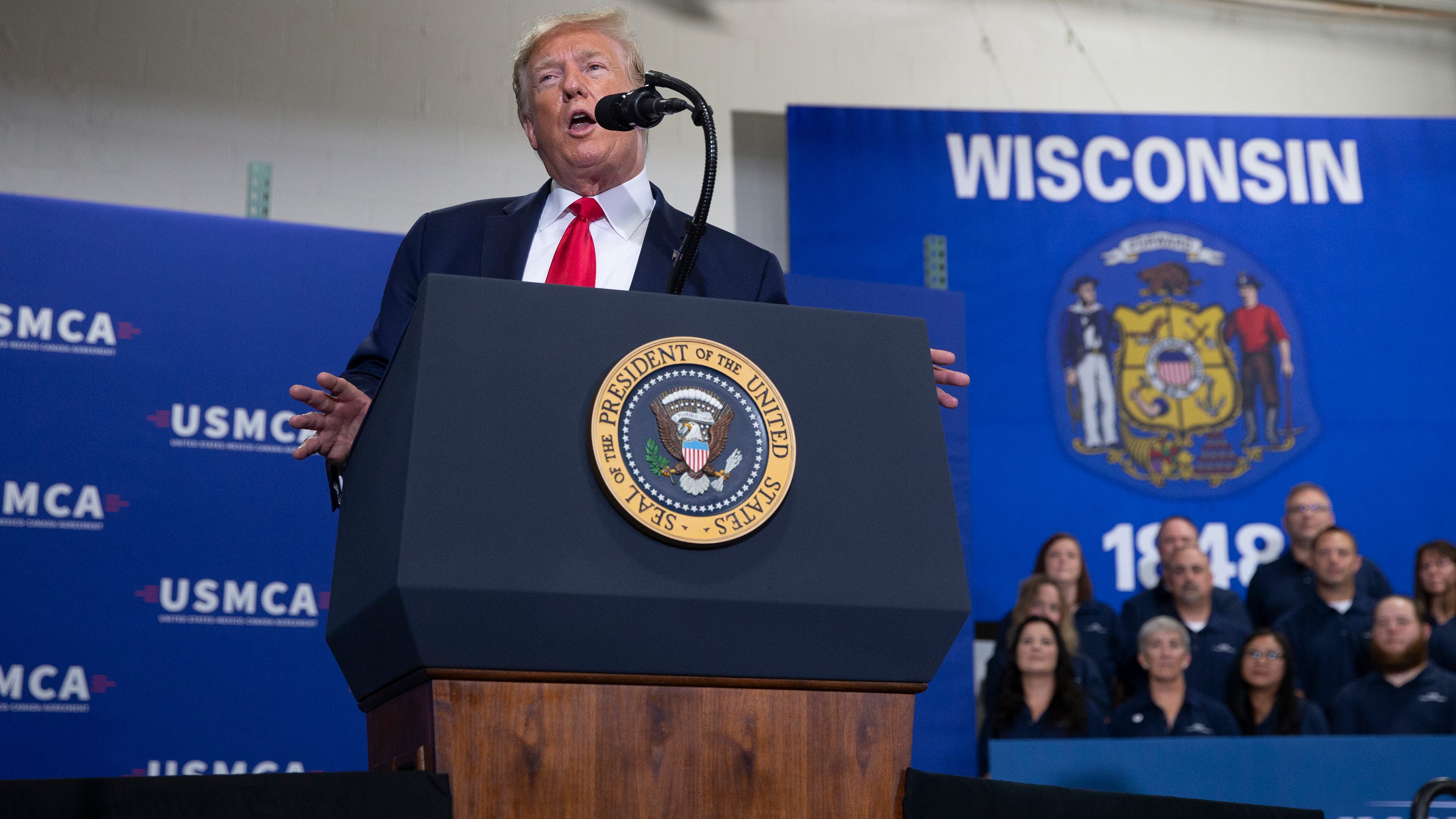 President DonaldTrump delivers a speech at Derco Aerospace in Milwaukee, Wisconsin, on Friday, July 12, 2019.