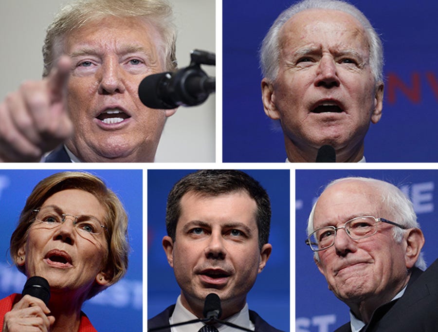 (Clockwise from upper left) President Donald Trump, former Vice President Joe Biden, Sen. Bernie Sanders, South Bend, Indiana, Mayor Pete Buttigieg and Sen. Elizabeth Warren.