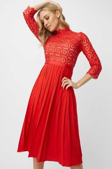 Alice Red Crochet Top Midi Dress With Pleated Skirt