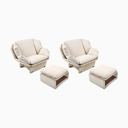 Image of Cream Wool Lounge Chairs with Ottomans, 1970s, Set of 2