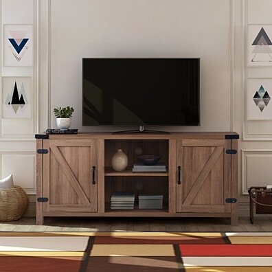 Farmhouse 58 TV Stand Media Console with Adjustable ShelvesCabinet Doors and Cable ManagementBrown