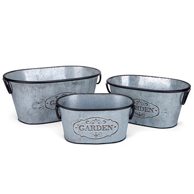 Galvanized Planters with handles Set of 3 Silver