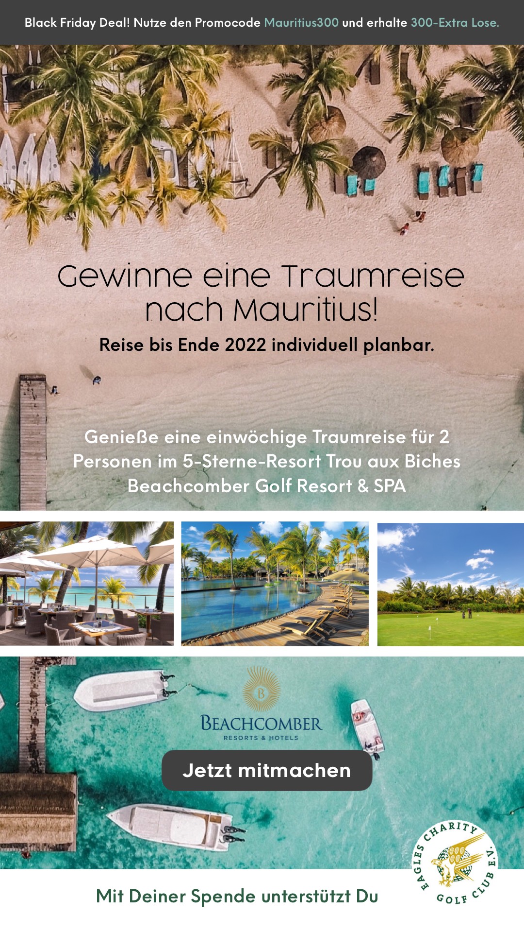 Entspanne 7 N?chte im 5-Sterne Beachcomber Golf Resort & SPA auf Mauritius! Reise bis Ende 2022 individuell planbar. Jede Spende unterst?tzt den EAGLES Charity e.V.