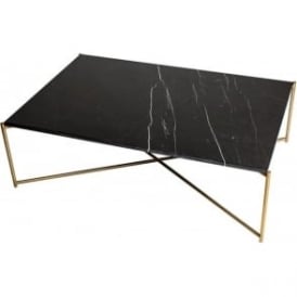 Black Marble Rectangular Coffee Table with Brass Cross Base