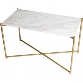 White Marble Rectangular Side Table with Brass Cross Base