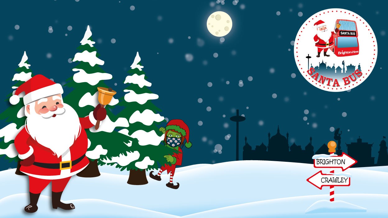 snow scene with Santa, elf and christmas trees