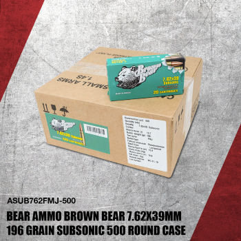 Ammo, Brown Bear, ASUB762FMJ, 7.62x39, 196 gr., FMJ, 20rd per box, 500rd case, subsonic