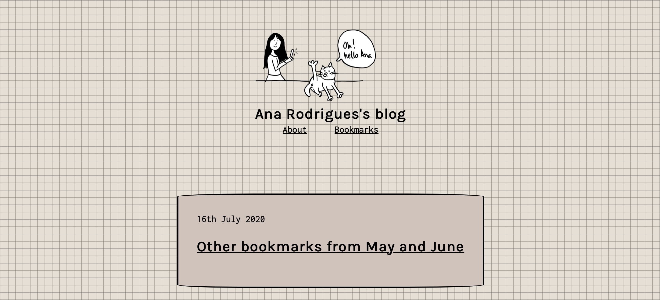 Ana's blog homepage with sketch effect boxes on a grid background