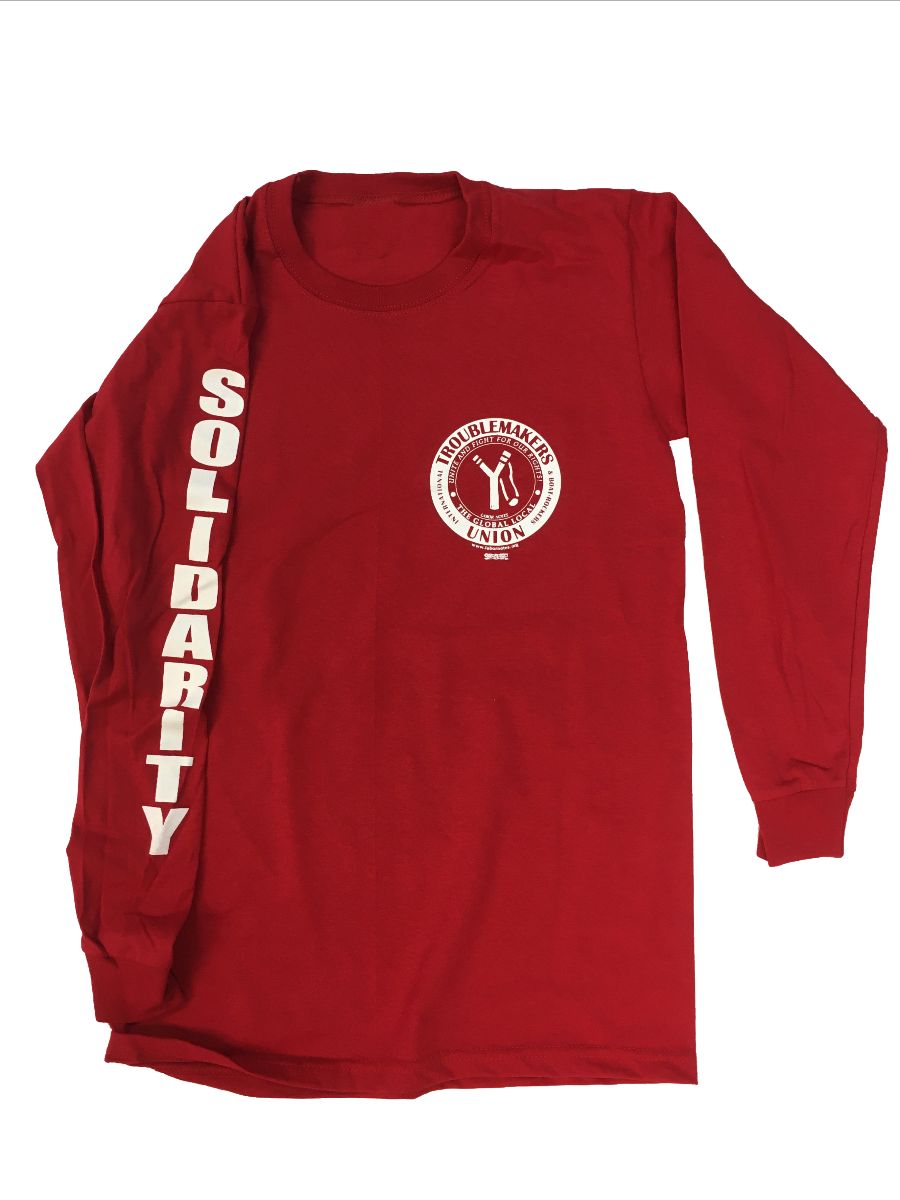 red long-sleeve shirt with "SOLIDARITY" on right sleeve and Troublemakers Union slingshot logo on left breast