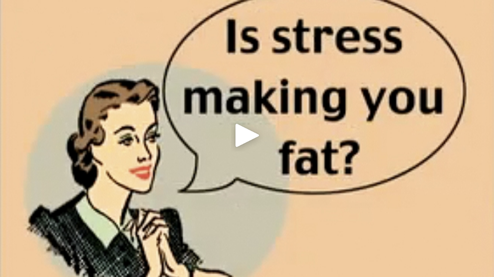 Cartoon of woman with word balloon "I Stress Making You Fat?"