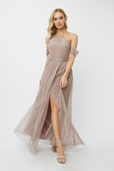 Bridesmaid Leonora Oyster Embellished Belted Maxi Dress