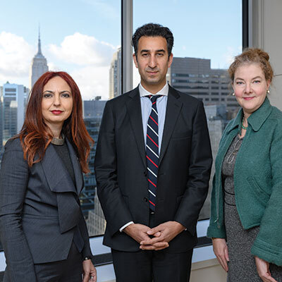Lina Khatib of Chatham House, Karim Sadjadpour of Carnegie Endowment for International Peace, and Hillary Wiesner of Carnegie Corporation of New York posed for a group portrait at Carnegie Corporation of New York''s headquarters in New York City in early December 2019