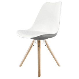 Eiffel Inspired White Plastic Dining Chair with Pyramid Light Wood Legs