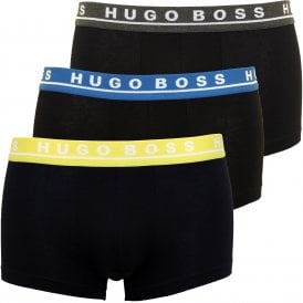 3-Pack Contrast Waistband Boxer Trunks, Black with blue/charcoal/yellow