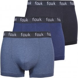3-Pack FCUK Logo Stretch Cotton Boxer Trunks, Blue Mix