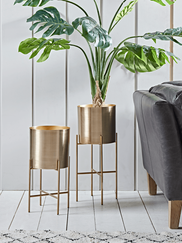 Two Metal Standing Planters - Brass