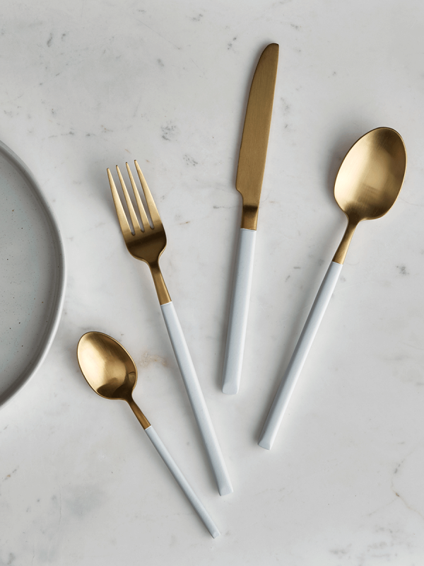 White & Brushed Gold Cutlery Set