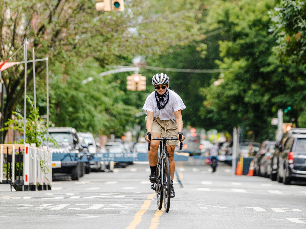 Person biking in New York City.