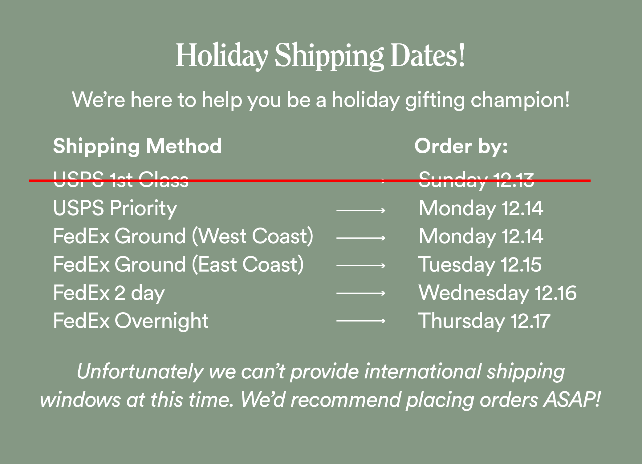 Holiday Shipping Dates