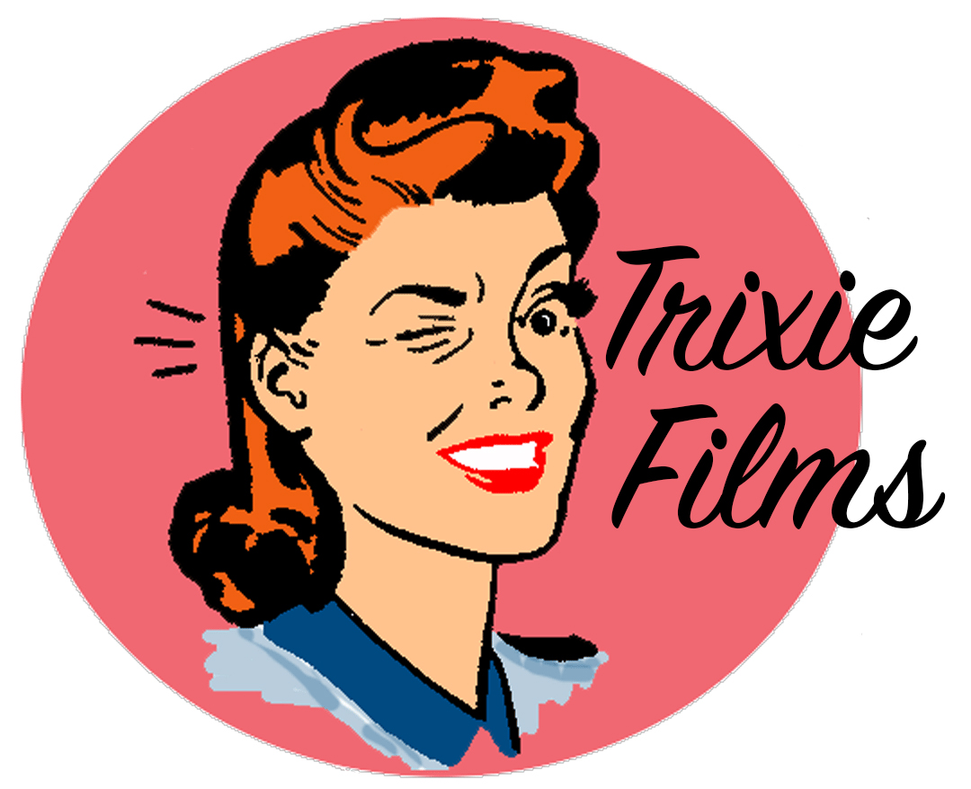 Trixie Films logo, vintage drawing of winking woman on pink cirlce with text ''Trixie Films'' in script