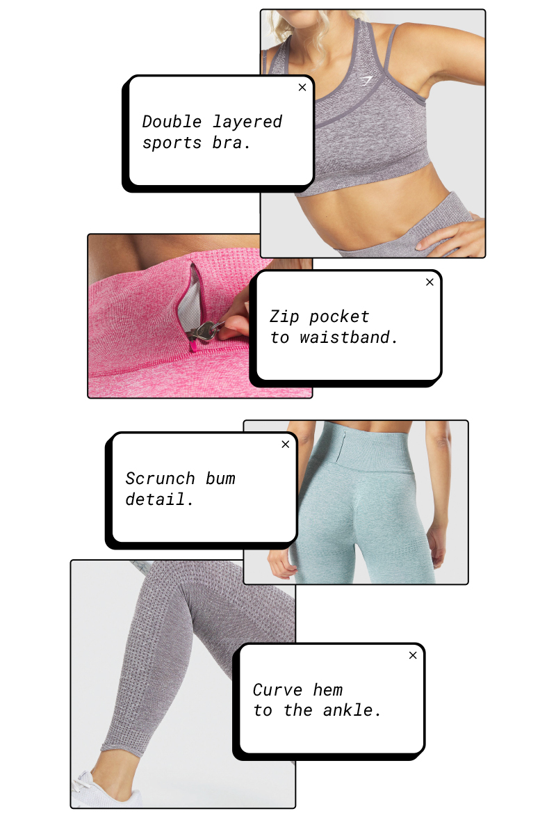 Double-layered sports bra. Zip pocket to waistband. Scrunch bum detail. Curved hem to the ankle.