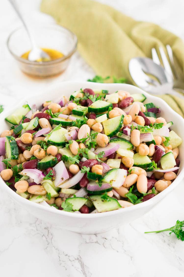 3 bean salad recipe in a white bowl