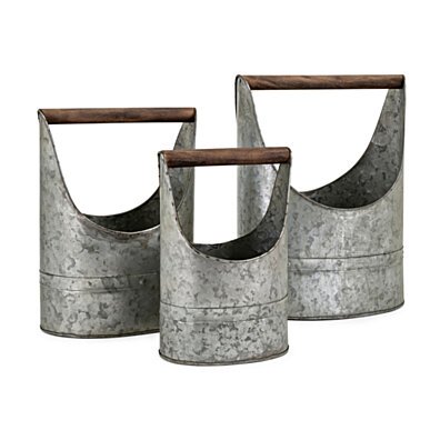 Metal Crafted Planters with Wooden Handle, Set of Three, Gray and Brown