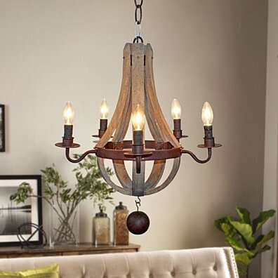 Farmhouse Distressed 5-Light Candle Wooden Chandelier,Antique Wood
