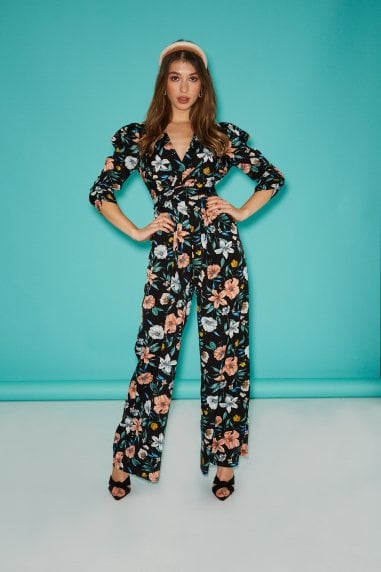 Morello Black Floral-Print Jumpsuit
