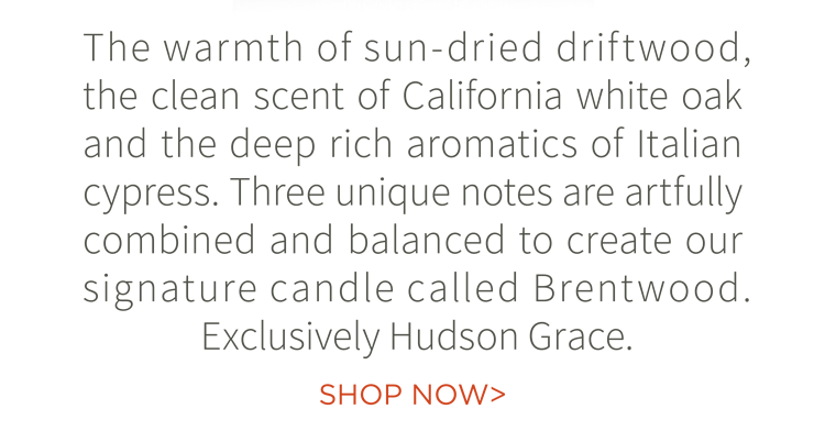 The warmth of sun-dried driftwood, the clean scent of California white oak and the deep rich aromatics of Italian cypress. Three unique notes are artfully combined and balanced to create our signature candle called Brentwood. Exclusively Hudson Grace. Shop now