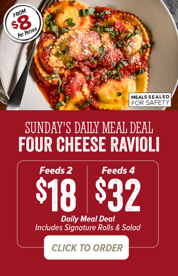 Saturday Four Cheese Ravioli Daily Meal Deal - Available in 2 sizes. Click to order