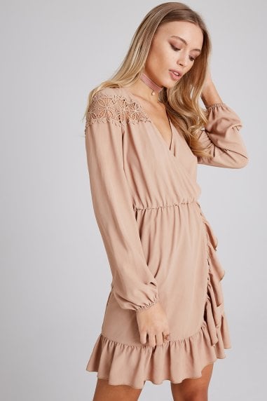 Dahlia Beige Lace And Frill Wrap Dress
