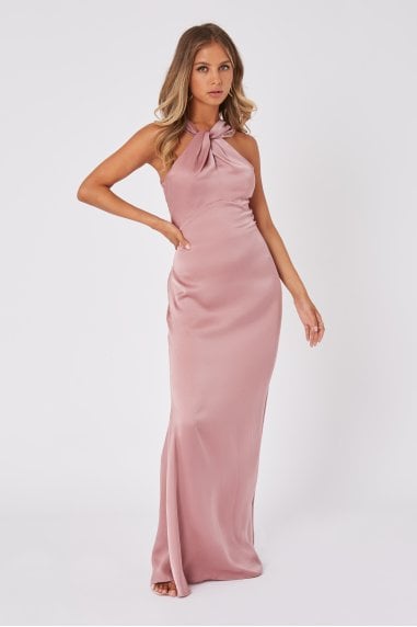 Bridesmaid Rosetta Dusty Blush Satin Halterneck Maxi Dress