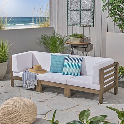Great Deal Furniture Dawson Outdoor Sectional Sofa Set - 3-Seater - Acacia Wood - Outdoor Cushions