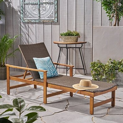 Kyle Outdoor Rustic Acacia Wood Chaise Lounge with Wicker Seat