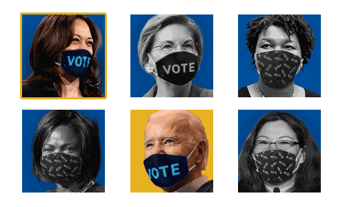 Joe Biden and some of his top vice presidential contenders: Kamala Harris, Elizabeth Warren, Stacey Abrams, Val Demings, and Tammy Duckworth.
