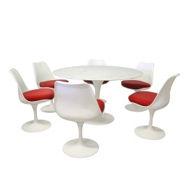 Tulip Style Set - Marble Large Circular Table with Six White and Red Side Chairs