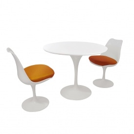 Tulip Style Set - White Medium Circular Table with Two White and Orange Side Chairs