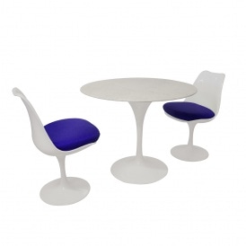 Tulip Style Set - Marble Medium Circular Table with Two White and Blue Side Chairs