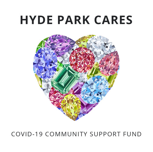 Jeweled heart with text "HYDE PARK CARES"