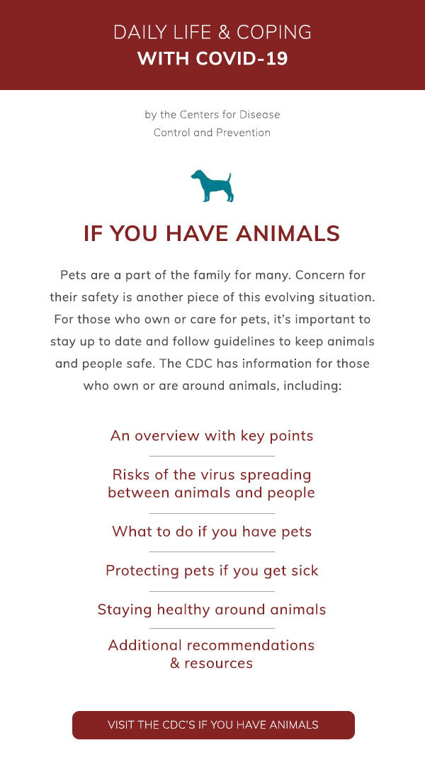 Daily Life & Coping with COVID-19 by the Centers for Disease Control and Prevention: If You Have Animals. Pets are a part of the family for many. Concern for their safety is another piece of this evolving situation. For those who own or care for pets, it’s important to stay up to date and follow guidelines to keep animals and people safe. The CDC has information for those who own or are around animals, including: An overview with key points. Risks of the virus spreading between animals & people. What to do if you have pets. Protecting pets if you get sick. Staying healthy around animals. Additional recommendations & resources. Visit the CDC’s If You Have Animals.
