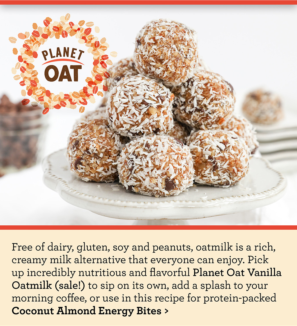 Planet Oat Oatmilk - Free of dairy, gluten, soy and peanuts, oatmilk is a rich, creamy milk alternative that everyone can enjoy. Pick up incredibly nutritious and flavorful Planet Oat Vanilla Oatmilk (sale!) to sip on its own, add a splash to your morning coffee, or use in this recipe for protein-packed Coconut Almond Energy Bites >