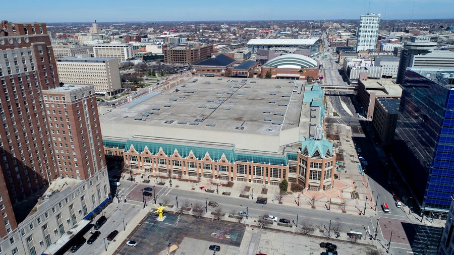 For file if needed - The Wisconsin Center on West Wisconsin Avenue and North Vel R. Phillips Avenue looking north in Milwaukee on Monday, April 8, 2019. The area will be heavily utilized for the 2020 Democratic National Convention. Also seen is the UW-Milwaukee Panther Arena and the Fiserv Forum. Drone DNC  Photo by Chelsey Lewis and Mike De Sisti/Milwaukee Journal Sentinel 