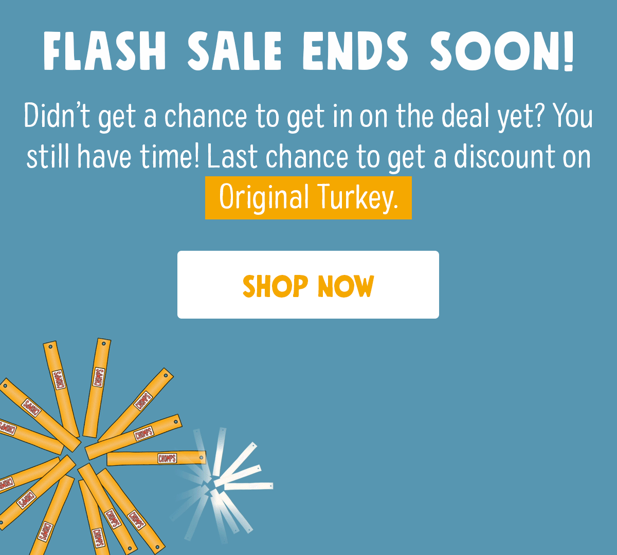 Don't Miss Out - Last Few Hours of Our Flash Sale!  Didn't get a chance to get in on the deal yet? You still have time! Get a discount on Chomps Original Turkey