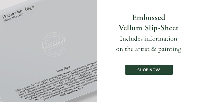 Embossed Vellum Slip-Sheet includes information on the artist & painting