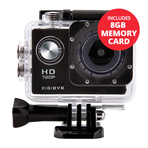 Digieye 720P Waterproof HD Action Camera Kit with 8GB Memory Card - Only ?12.99