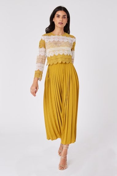 Cara Yellow Crochet Lace Pleated Midaxi Dress